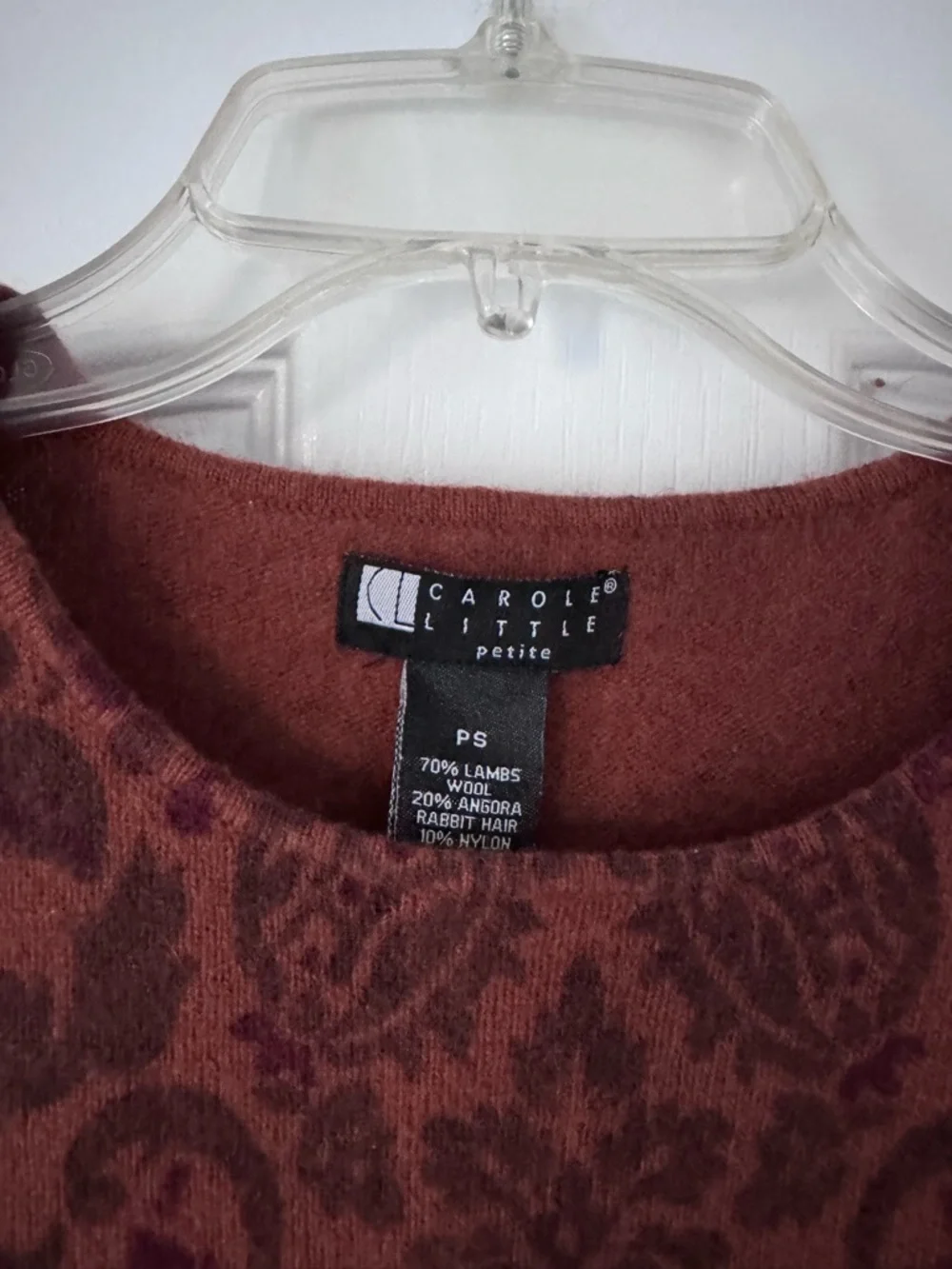 Carole Little Petite Wool Angora Sweater PS Rust Floral Damask Soft Knit